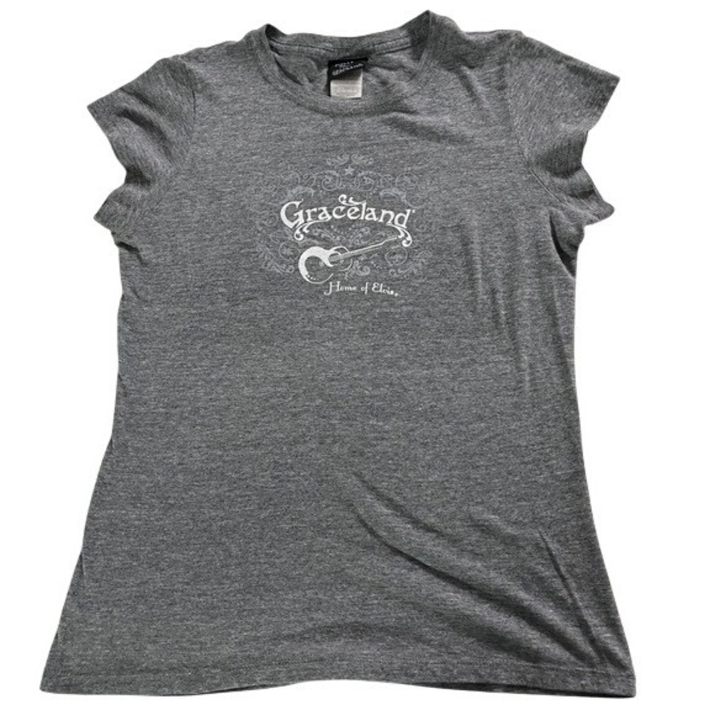 Vtg 2005 Graceland Home of Elvis Guitar Graphic Tee Gray Women's XL (M)